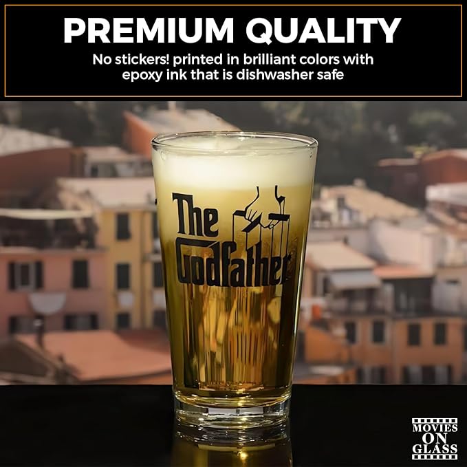 The Godfather Printed Pint Beer Glass - Officially Licensed, Premium Quality, Handcrafted Glassware, 16oz. Set of 4 - Perfect Collectible Gift for Movie Enthusiasts & Special Occasions