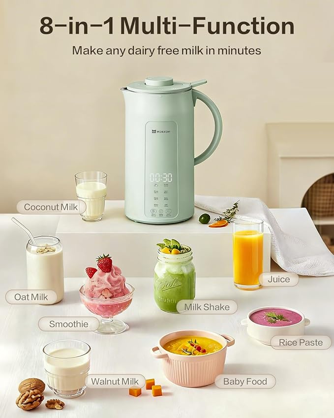 MOKKOM 9 in 1 Nut Milk Maker, 42oz Automatic Almond Milk Machine for Homemade Plant-Based Milk, Oats, Soy, Dairy Free Beverages, Soy Milk Maker with Delay Start/Keep Warm/Self-Cleaning/Boiling, Green