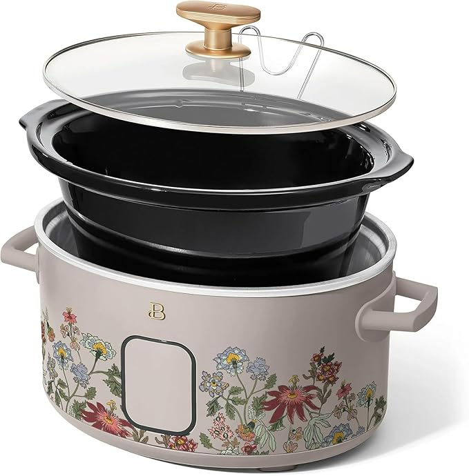 Beautiful 6 Qt Programmable Slow Cooker by Drew Barrymore - 5 Preset Cooking Functions, Digital Countdown Timer, Dishwasher-Safe Parts, and Cool-Touch Handles (Wildflower Porcini Taupe)