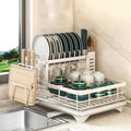 BCWW Drying Rack Kitchen, 2 Tier Dish Drying Rack, Space-Saving Large Dish Racks for Kitchen Counter with Drainboard Extendable Spout Strainers & Utensil Holder and Knife Slots (White)