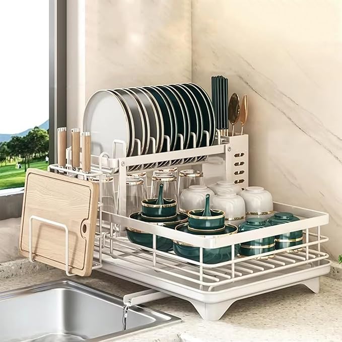 BCWW Drying Rack Kitchen, 2 Tier Dish Drying Rack, Space-Saving Large Dish Racks for Kitchen Counter with Drainboard Extendable Spout Strainers & Utensil Holder and Knife Slots (White)