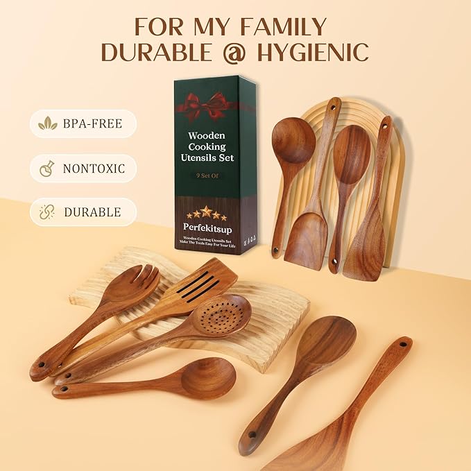 Wood Spoons for Cooking,9 Pcs Natural Teak Wooden Cooking Utensils Set with Holder ＆ Spoon Rest, Soft Comfort-Grip Wooden Kitchen Utensil Set for Non-Stick Cookware