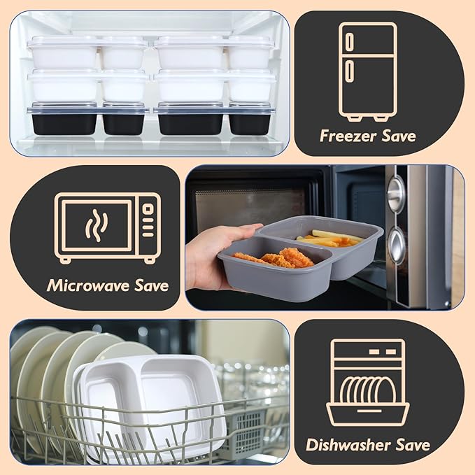 Honeydak 5 Pack Lunchable Snack Containers 2 Compartment Divided Bento Snack Boxes Reusable Meal Prep Containers with Lids Lunch Food Storage Box for School Work Travel(White Black)