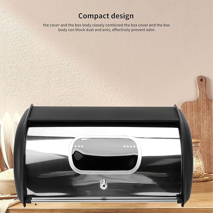 Bread Box, Multifunctional Bread Storage Holder Iron Keep for Home, Stainless Steel Bread Storage Bin with Lid (Black)