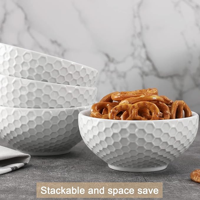 White Porcelain Small Bowls, 4.3 inch Honeycomb Grids Bowls for Ice Cream Yogurt Dessert Fruits 8 Ounce Bowl Set for Food Prep Rice Small Sid