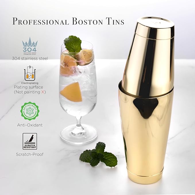 Homestia Boston Cocktail Shaker Set, 18 oz & 28 oz Stainless Steel Weighted Shaker Tins, Metal Martini Shaker Drink Mixer for Bartending, Professional Bar Tools for Bartender (Gold)