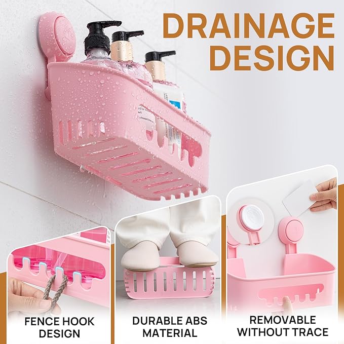 LEVERLOC Shower Caddy Suction Cup 2 Pack, Shower Organizer Removable Bathroom Shelf, Storage Suction Powerful Max Hold 22lbs Bathroom Caddy Waterproof Holder, Pink