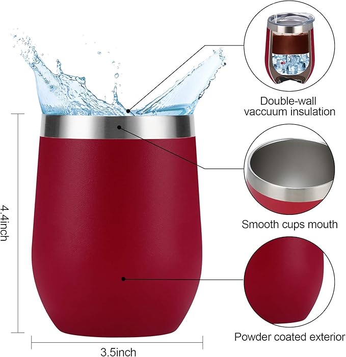 12 Pack Stainless Steel Wine Tumblers, 12Oz Double Wall Vacuum Insulated Wine Tumblers with Lids and Straws, Stainless Steel Stemless Wine Glasses for Coffee, Wine, Cocktails, Champaign, Wine Red…