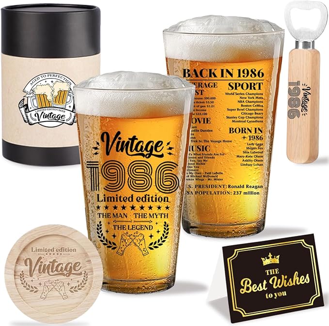 Funny 40th Birthday Gifts 40 Year Old Birthday Gifts for Men Vintage 1986 Beer Drinking Glass Happy Anniversary 40th Birthday Party Supplies Decorations Man for Him Friend - 2026