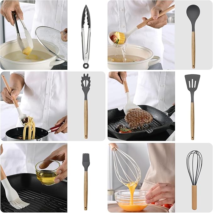 Kitchen Utensils Set of 12, Silicone Cooking Utensils with Non-Slip Wooden Handle and Organizer Bucket, 446°F Heat Resistant Cookware Utensils Set (Dark Grey)