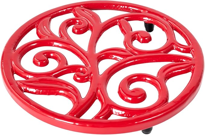 JOGREFUL Cast Iron Trivet Mats, Kitchen Pot Holders to Portect Table/Countertops, Heat Resistant Mats for Teapot/Hot Dishers/Plates, Vintage Mats with Weighted-Base, Vine Pattern, Red