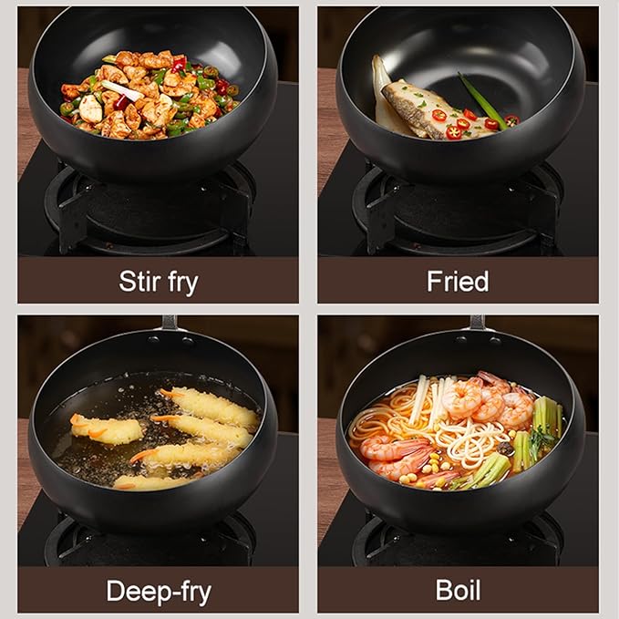 Carbon Steel Wok Pan, 9.5" Woks & Stir-Fry Pans with Glass Lid Cookwares, Nonstick Wok Flat Bottom Small Handmade Chinese Wok For for All Stoves