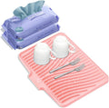 Silicone Dish Drying Mat, Stone Drying Mat for Kitchen Counter with Built-in Drain, Non-Slip 15.8" X 13" Drying Matt Kitchen Counter and Grey Microfiber Cleaning Cloth, Cleaning Rags Set(Pink)