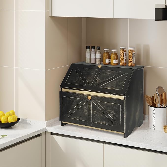 HOMEKOKO Double Layer Large Bread Box for Kitchen Counter, Wooden Large Capacity Bread Storage Bin (Rustic Black)