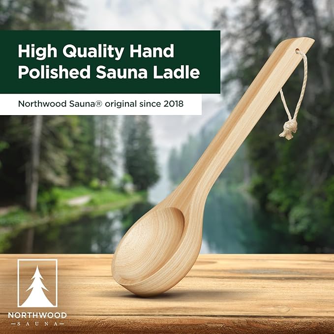 Sauna Ladle - Handmade from Finnish Pine Wood - Natural Rope - 16″ Handle & 5 oz (150 mL) Capacity Spoon