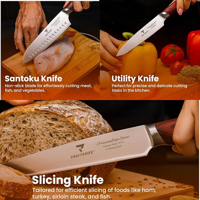 PrecisionEdge Ultra Sharp 3 Piece Knife Set Japanese Chef Knife Set Professional Slice Cooking with Red Pakkawood Handles Japanese Kitchen Knives Sets without block Culinary Chef Knives