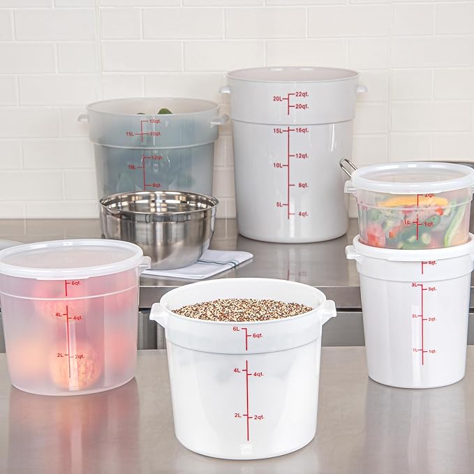 Restaurantware-Met Lux 6 Quart Food Storage Containers, 10 White Storage Containers - Lids Sold Separately, Red Volume Markers, Dishwashable Containers, Side Handles, For Storing Foods