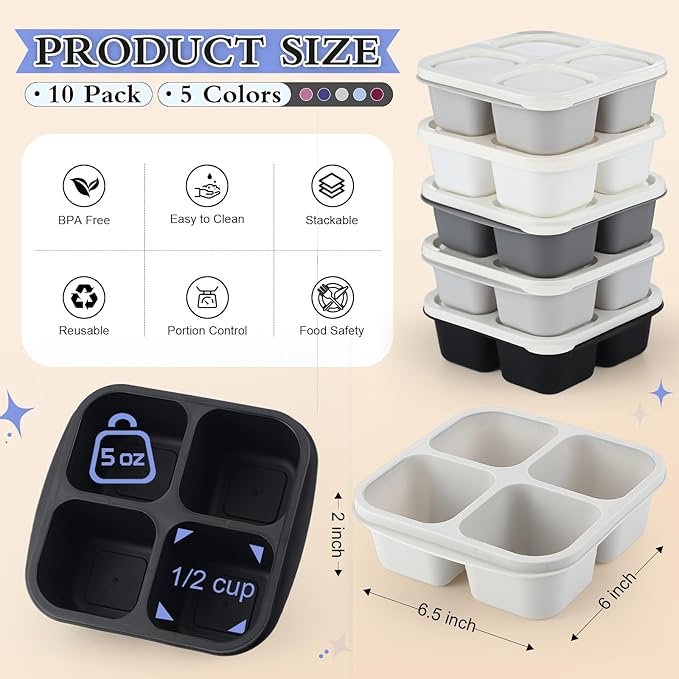 Honeydak 10 Pack Snack Container 4 Compartment Reusable Bento Snack Boxes Divided Lunchable Containers with Lids Meal Prep Lunch Food Storage Boxes for School Work Travel(Black and White Ombre Color)