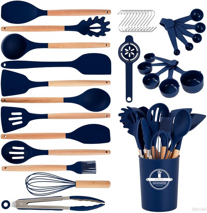 Kitchen Utensils Set - Non-Stick Silicone Cooking Utensils Set with Wooden Handle,Kitchen Gadgets Tools Set for Nonstick Cookware (Navy Blue-34P)