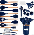 Kitchen Utensils Set - Non-Stick Silicone Cooking Utensils Set with Wooden Handle,Kitchen Gadgets Tools Set for Nonstick Cookware (Navy Blue-34P)