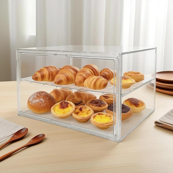 Extra Large 19.7"X14.6"X11.6" Clear Bread Box for Kitchen Counter, Acrylic Pastry Display Case Stackable Storage Container Plastic Bakery Display Case with Magnetic Door