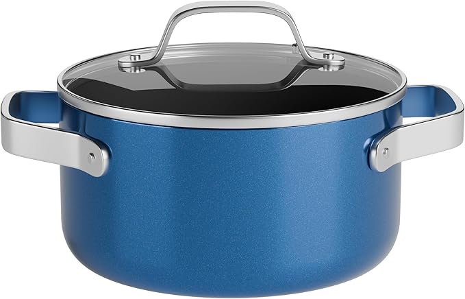 Bakken 3 Quart Ceramic Coated Stock Pot with Lid, Easy to Clean Nonstick Pot, Tempered Glass Lid, Riveted Stainless Steel Handles, Oven Safe Up To 500°F, PTFE & PFAS Free, All Stove Compatible, Blue