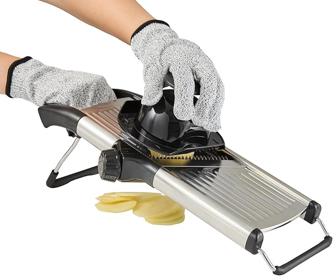 Restaurantware Stainless Steel Adjustable Mandoline Slicer - German Standard Vegetable Slicer with Blade Guard, Cut-Resistant Gloves, Cleaning Brush - Food Slicer for Potato, Onions, Cucumbers, Tomato