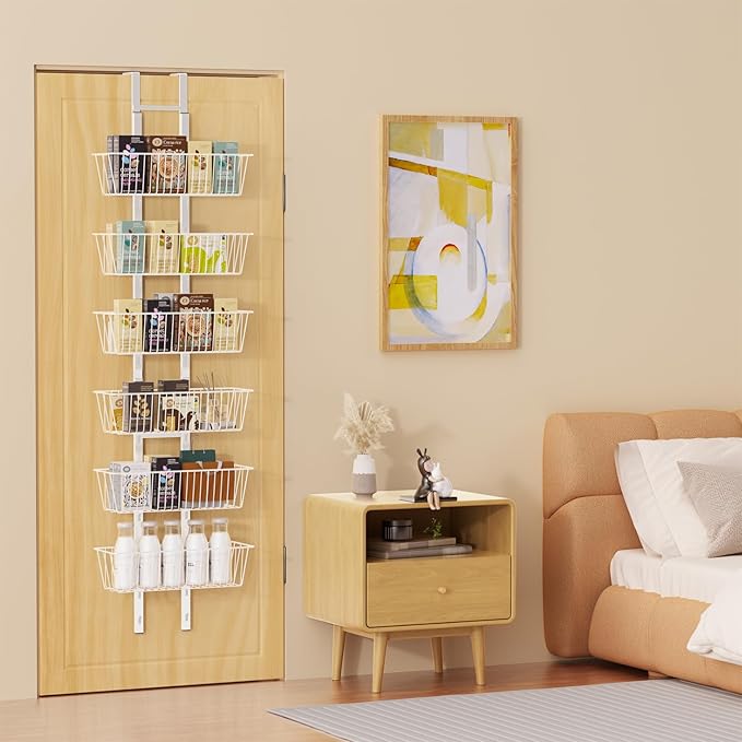 6 Tier Over the Door Pantry Organizer, Over the Door Spice Rack with Adjustable Baskets, Metal Hanging Door Pantry Organizers and Storage for Kitchen Bathroom Bedroom, White