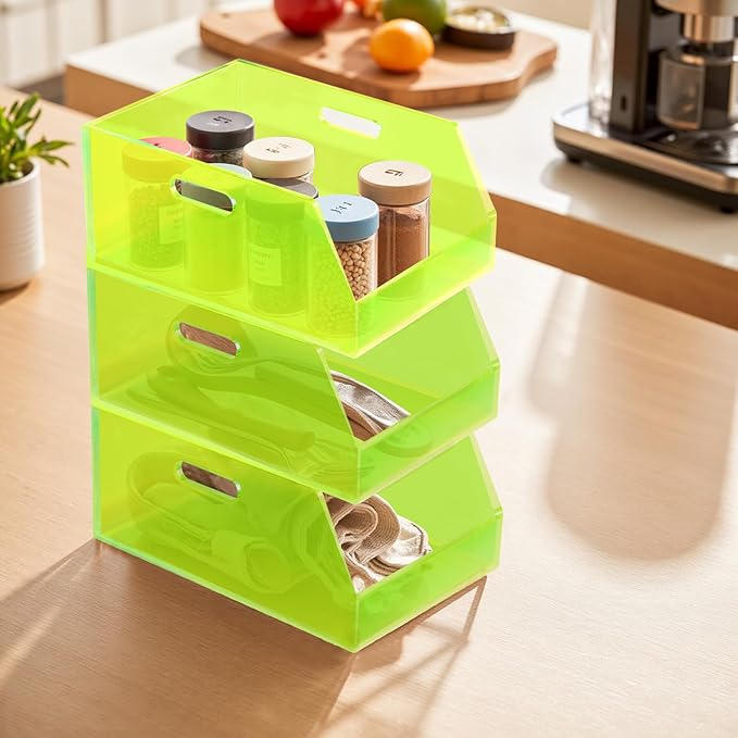Gelite Stackable Storage Bin Organizer with Handles Acrylic Storage Container for Toy Pantry Kitchen Cabinet Bathroom Closet Office Organization, 11.4x7.5x5.1'', Neon Green