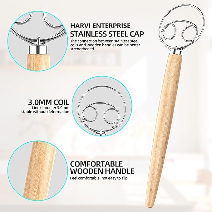 Danish Dough Whisk and Dough Hook - Stainless Steel Dutch Style Wooden Handle for Sourdough, Bread, Pastry Dough Mixing Tools