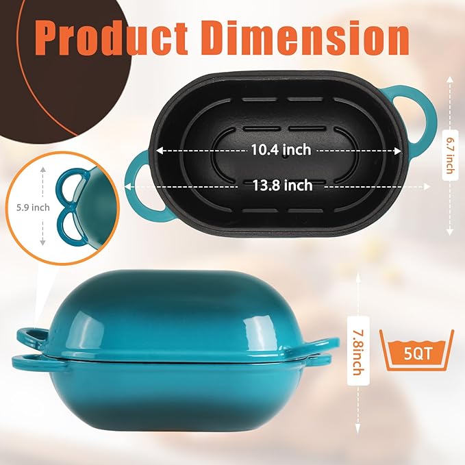 Enameled Cast Iron Sourdough Bread Oven, 5QT Loaf Cast Iron Bread Pan with Lid, Oval Dutch Oven for Homemade Bread Baking, Meatloaf Pan with Lid (Gradient Blue-green)