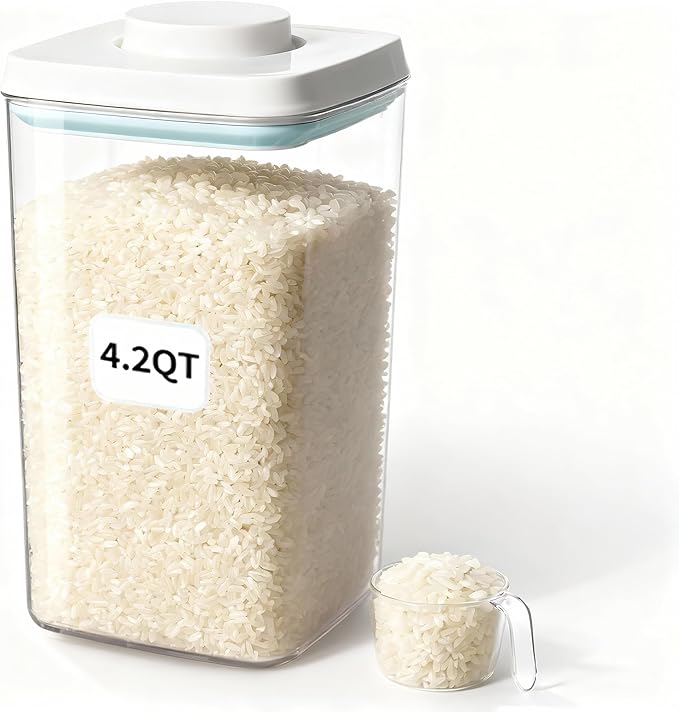 Pop Food Storage Container Airtight Rice Containers with Pop Lid & 130ml Scoop, 4L / 4.2QT BPA-Free Cereal, Flour, Pasta & Snack Container for Kitchen Pantry Organizer