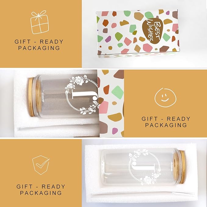 Birthday Gifts for Women, Monogrammed Initial Glass Cup Personalized Gifts for Women, 16oz Glass Cups with Lids and Straws, Iced Coffee Cup, Beer Can Shaped Glass - Gifts for Christmas, Birthday, J
