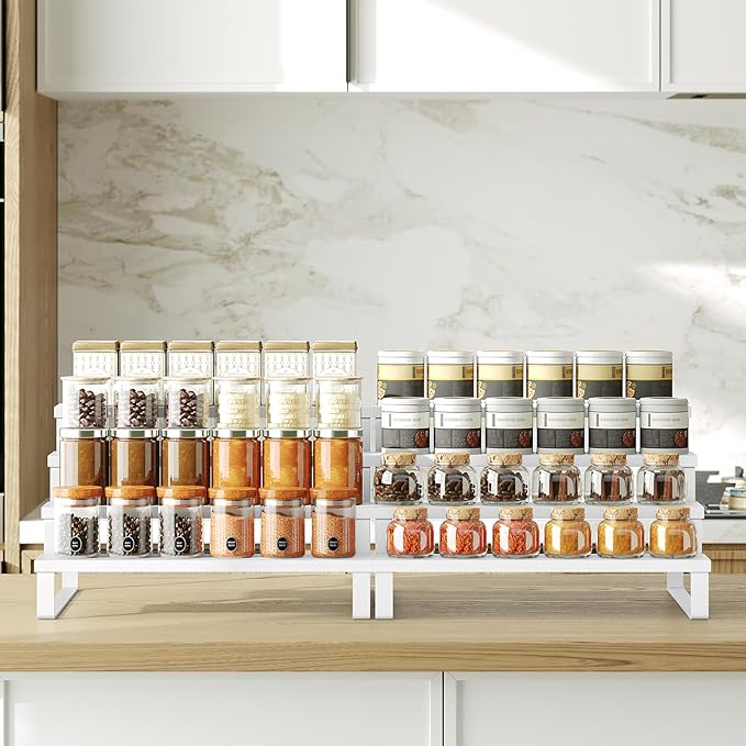 Spice Rack, Wooden Display Riser Stand, Set of 2, Perfume Organizer, Vanity Display Stand, Tiered Countertop Organizers, Space Saving, for Kitchen Spices, Syrup, Coffee Mugs, White SR04L2WW