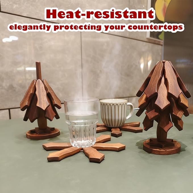 Tree Trivet Set - 4 Pcs Walnut Wooden Trivets with Stand, Foldable Christmas Tree Hot Pot Holders | Snowflake Unfold Design, Effective Heat Insulation