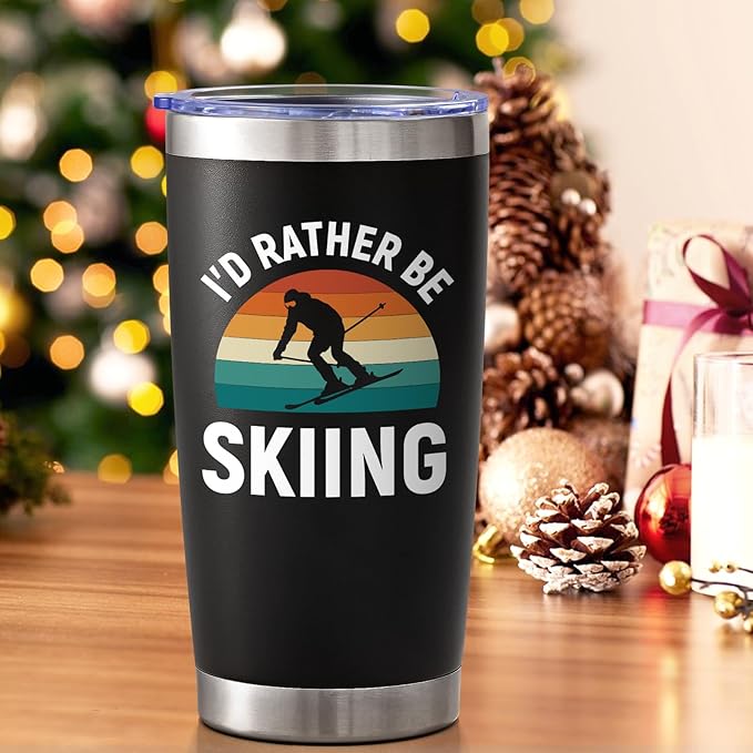 Lifecapido Ski Gifts, I'd Rather Be Skiing 20oz Insulated Tumbler, Christmas gift Skier Skiing Gifts for Skiers, Black