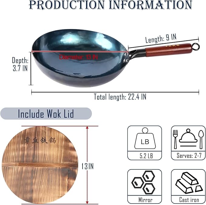 13 Inch Chinese Hand Hammered Iron Wok and Stir Fry Pans with Wooden Handle and Lid Round Bottom Wok Pan Non-stick No Coating Ideal for Home Use and Gift Giving