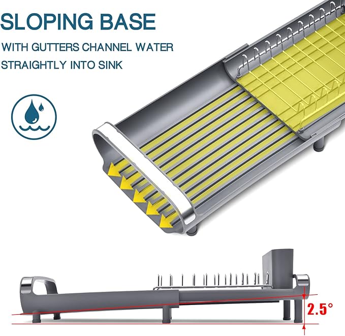 TOOLF Small Dish Drying Rack, Mini Expandable Compact Dish Rack, Slim Extendable Stainless Steel Dish Drainer for Kitchen Plate Storage, Space Saving Dish Strainer in Sink or on Home Countertop, Gray