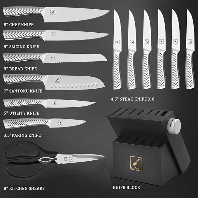 Knife Block Set, 14Pcs High Carbon Stainless Steel Knife Set with Block, Kitchen Knife Set Black, Dishwasher Safe, Build-in Sharpener