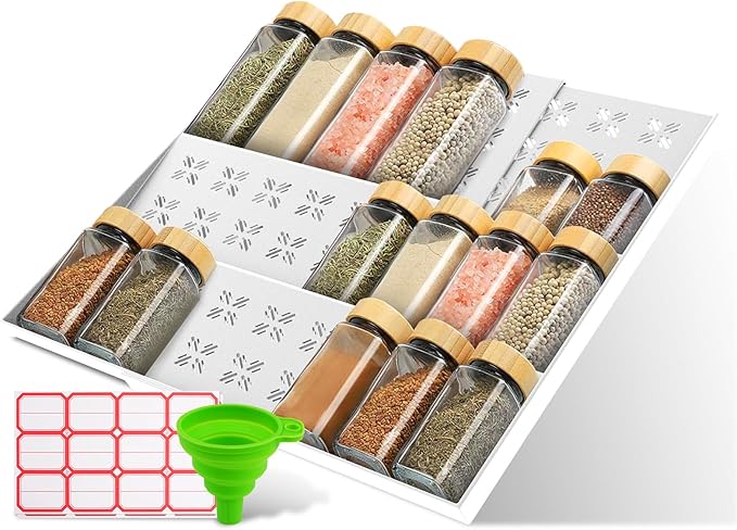 Spice Drawer Organizer 3-Tier Expandable (11"-22" Wide), Spice Rack for Cabinet with Funnel & Spice Labels, Fits Large Jars, Seasoning Storage Insert Design for Cabinet & Drawer (White)