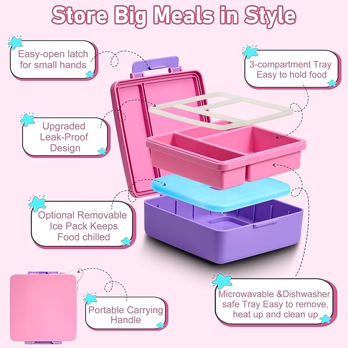 Chill Bento Lunch Box for Kids Adult with Ice Pack,Leak Proof 3 Compartments Lunch Container for Kids,Ice Pack Detachable Bento Box,BPA Free,Dishwasher & Microwave Safe-Pink Purple