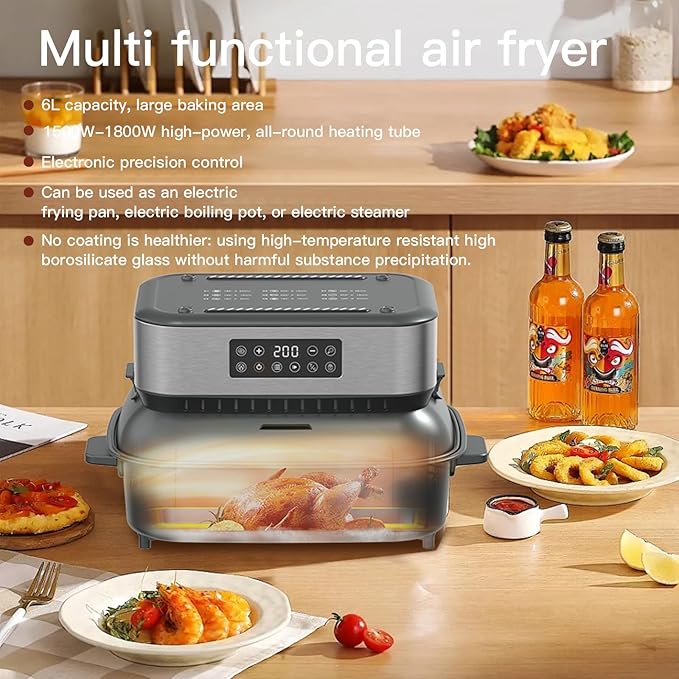 3-in-1 Air Fryer Oven, 6.32QT with See-Through Window, 4 Presets Touchscreen, Multi-Cooker for Air Frying, Roasting, Baking, Dehydrate, Reheat & Stewing, Turbo Crisp Technology, No Flip Needed