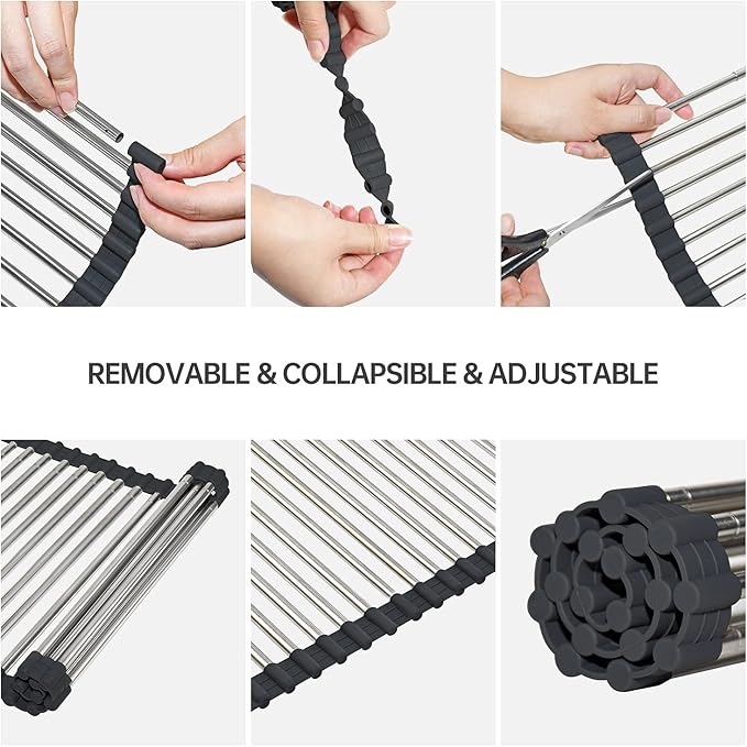 Expandable Large Roll Up Dish Drying Rack 18 Tube 21.25x12.79''Collapsible Over The Sink Rack Non-Slip Silicone Rolling Dish Drainer Stainless Steel Roll Rack for Kitchen Sink Counter
