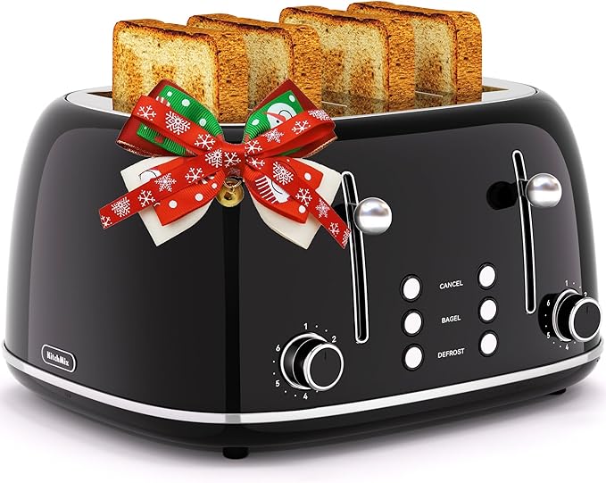 Toaster 4 Slice, Retro Stainless Toaster with 6 Bread Shade Settings,1.5''Wide Slots with Cancel/Defrost/Reheat Functions,Dual Independent Control Panel, Removal Crumb Tray (Black)
