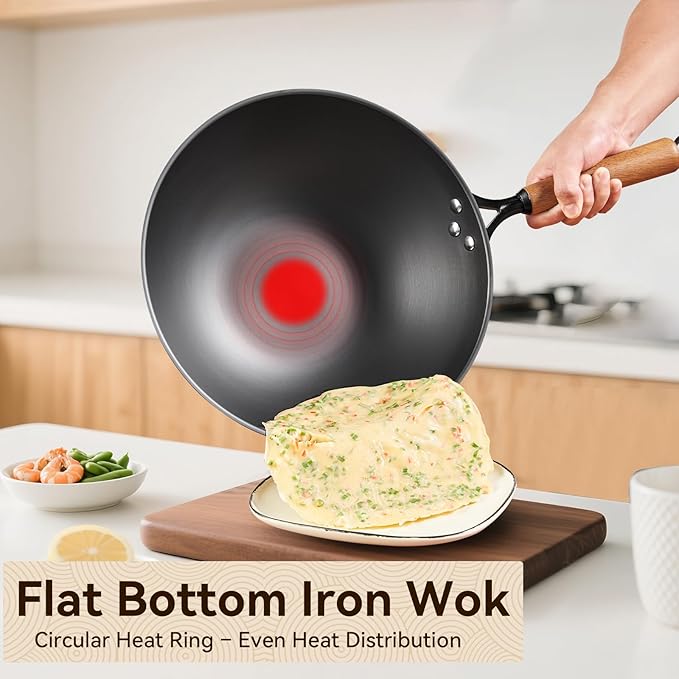 12.6" Iron Wok, Spin-Forged Refined Iron Stir Fry Pan with Wooden Handle, Flat Bottom Wok Pan with Reinforced Rim, Lightweight Woks & Stir-Fry Pans for Everyday Cooking