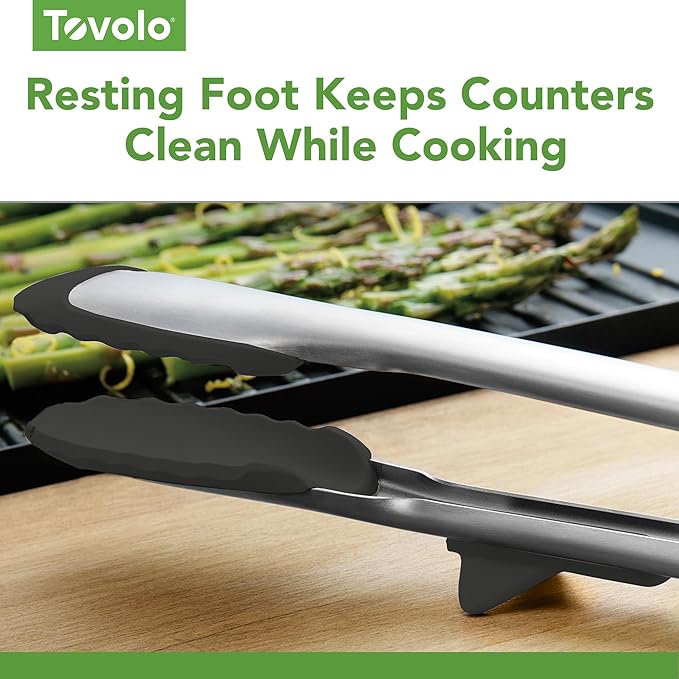 Tovolo Tongs With Silicone Tips Easy Grip 13” Long Kitchen Tongs Stainless Steel Handle For Cooking BBQ, Non Scratch Heat Resistant Locking Metal Tongs Silicone Tipped Dishwasher Safe BPA Free, Black