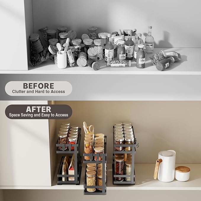 Pull Out Spice Rack Organizer for Cabinet, 4 Pack Metal Seasoning Organizer Slide Out Spice Storage Shelf No Assembly Vertical Spice Rack Pullout for Kitchen & Bahthroom No Drill(2 Tier,Black)