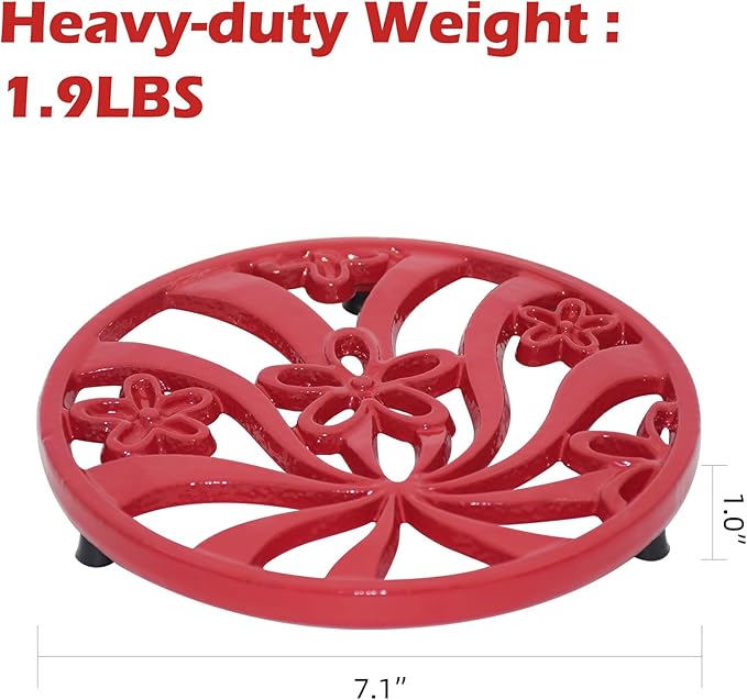 Vintage Cast Iron Trivet, Heat-Resistant Metal Trivet for Hot Dishes Pots Pans with Daffodil Pattern for Tabletop Protection, Red