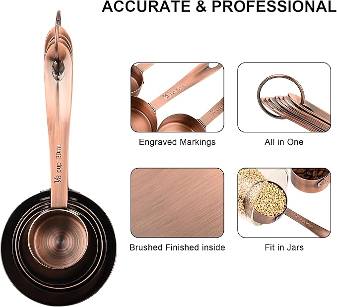 Copper Measuring Cups and Spoons Set, Stainless Steel Measuring Cups and Spoons Set 12, Metal Measuring Cups Set, 5 Measuring Cup Set and 6 Copper Measuring Spoons &Leveler for Kitchen