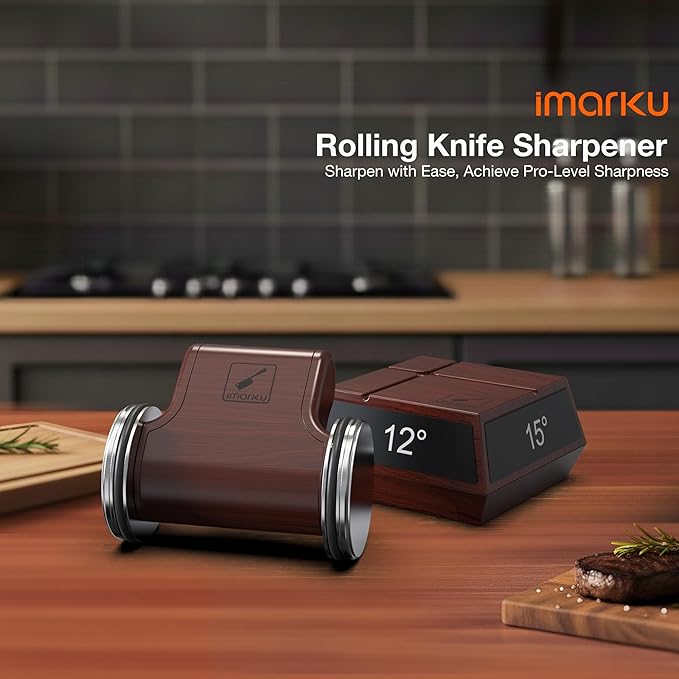 imarku Rolling Knife Sharpener Kit, Kitchen Knife Sharpener, 2 Diamond Discs for Sharpening and Honing, Magnetic Knife Sharpening Kit for Razor Sharp Kitchen Knives, 12°, 13°, 15°, 20° Angle Guides